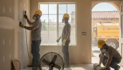 Water damage restoration team in Chula Vista, CA inspecting a flooded home and drying equipment