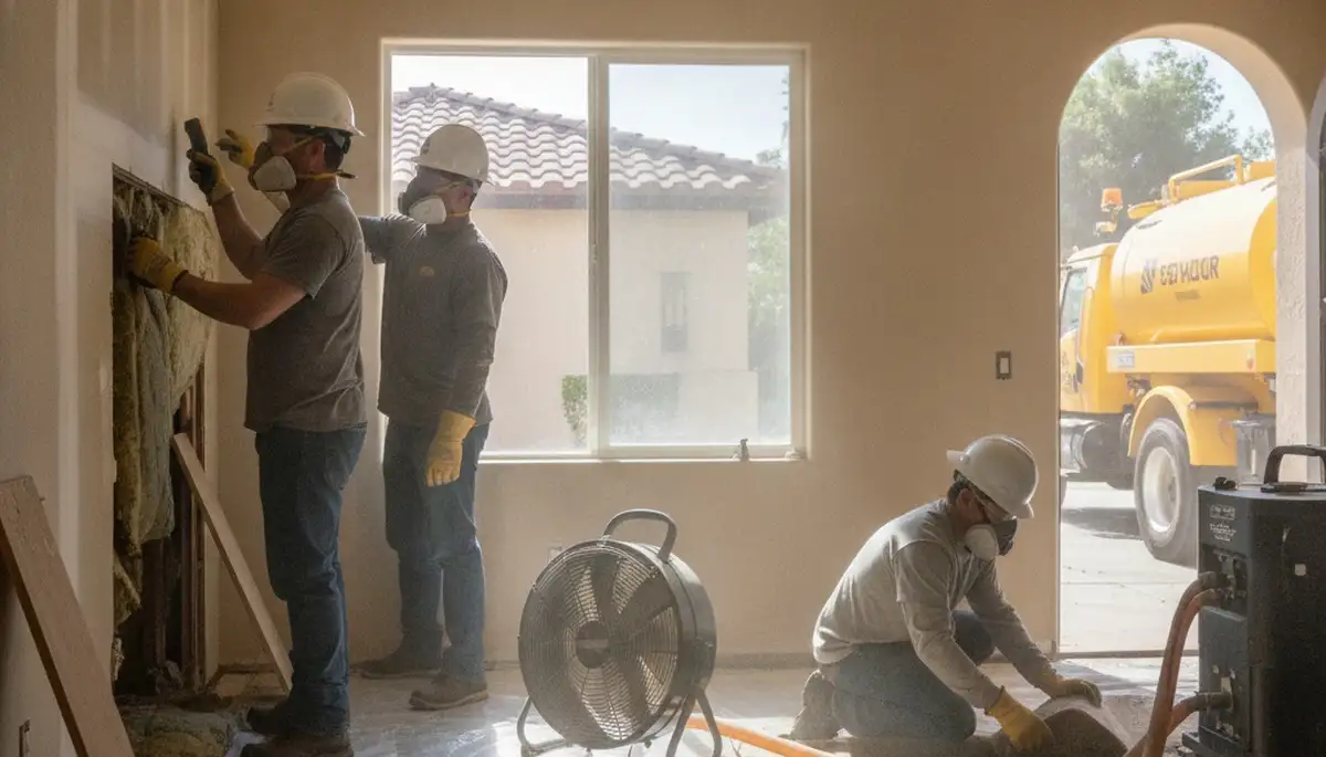 Water damage restoration team in Chula Vista, CA inspecting flood damage in a business property